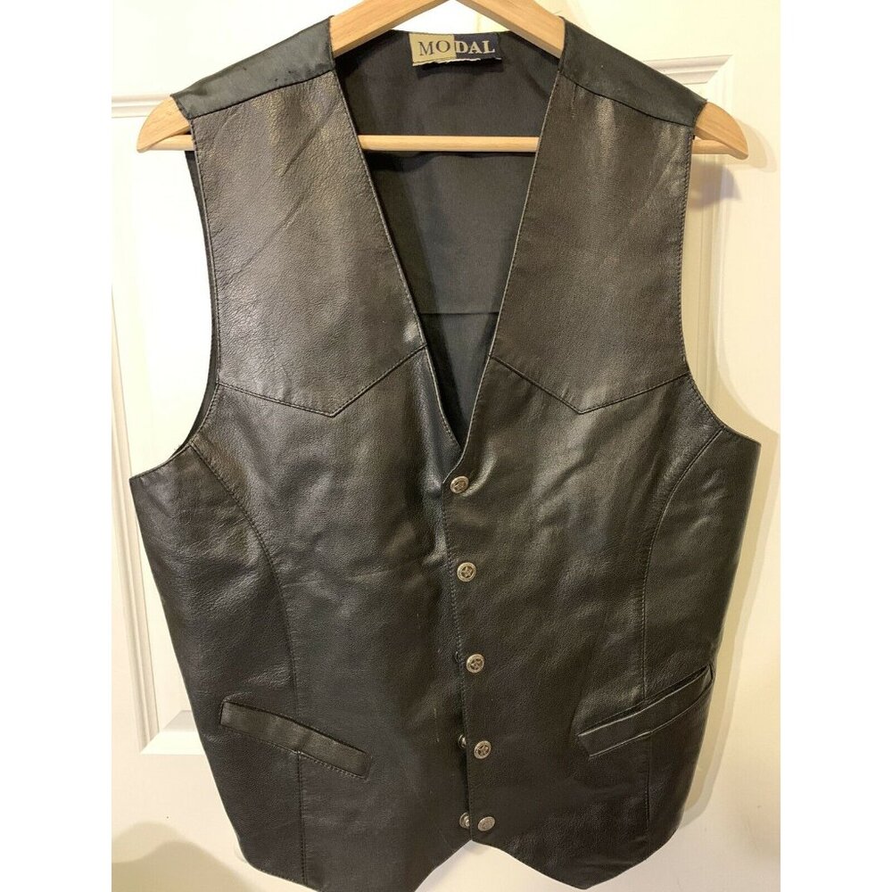 Modal Vtg Black Leather front vest‎ Western Biker Oklahoma State buttons XL